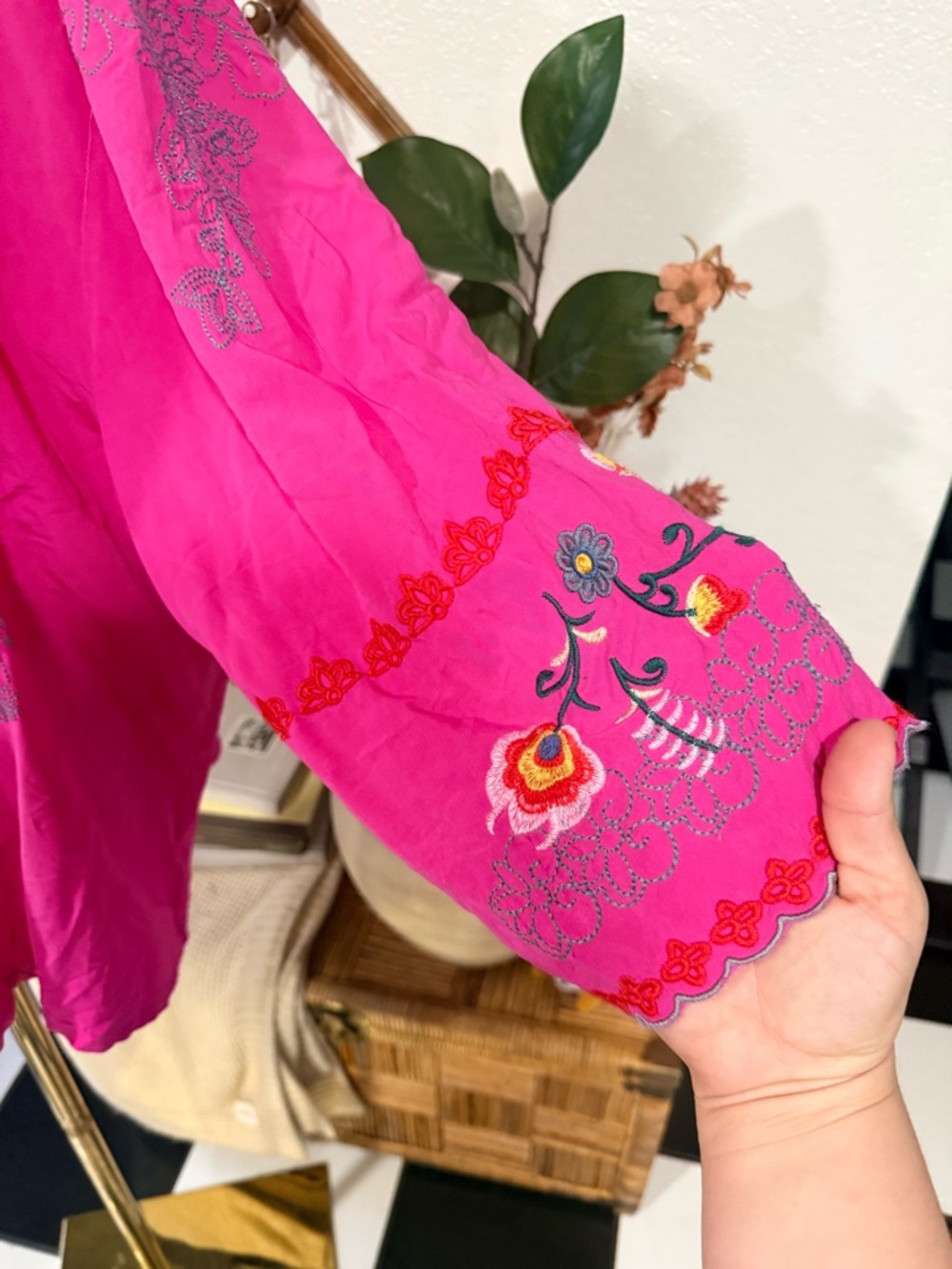 Embroidered V-Neck Tunic Top in Hot Pink - Picture 2 of 4